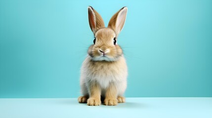 Obraz premium Fluffy Bunny in front of a turquoise Wallpaper. Blank Background with Copy Space