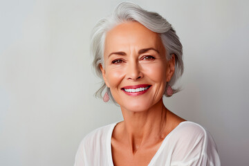 Fototapeta premium Elderly woman with healthy facial skin on gray background. Beautiful aging mature woman with gray hair, happy face. Concept of advertising beauty and cosmetics for women's skin care. Copy space.