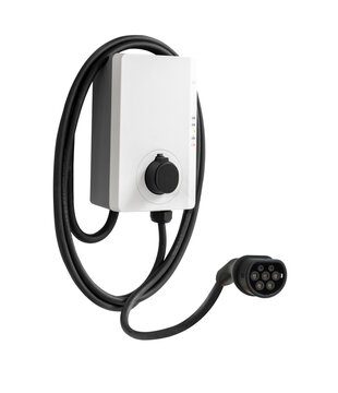 Electric car small home wall charger with cable. Fast smart intelligent wallbox ev charging station. Isolated on transparent background png file.