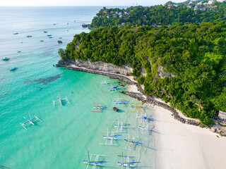 Aerial view of Boracay Island, White Beach, Western Visayas, Philippines.