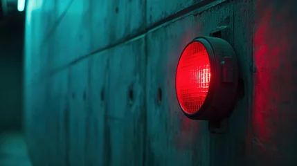 Foto op Aluminium One single simple red alert alarm light on a concrete wall © Chingiz