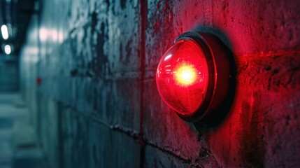 One single simple red alert alarm light on a concrete wall - obrazy, fototapety, plakaty