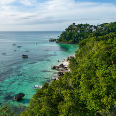 Aerial view of Boracay Island, White Beach, Western Visayas, Philippines.