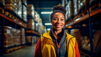 Professional loader is African-American woman in warehouse with boxes of goods on shelves. Smiling uniformed loader demonstrates his willingness and enthusiasm to do his job. Logistics and delivery - obrazy, fototapety, plakaty