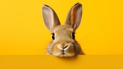 Fluffy Bunny in front of a yellow Wallpaper. Blank Background with Copy Space