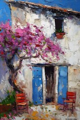 Hometown summer, light color, contrast color, bright light, perfect composition, simple lines,high detail,hyper quality,palette knife painting,Impasto,