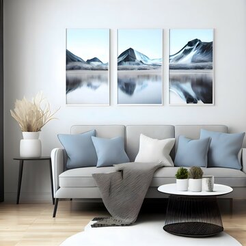 Three decorative paintings are hung on the background wall of the living room sofa, modern simplicity, bright atmosphere, soft light, realistic photos, front view, symmetrical balance, 50mm with Nikon