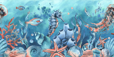 Underwater world clipart with sea animals whale, turtle, octopus, seahorse, starfish, shells, coral and algae. Hand drawn watercolor illustration. Seamless border on a marine background. © NATASHA-CHU