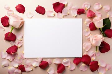 Blank white card with rose petals and petals on beige background.