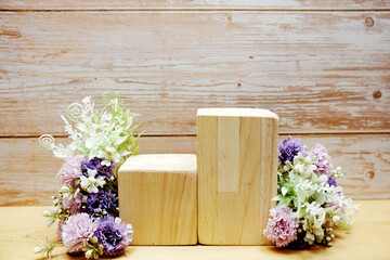 Wood podium presentation mock up with flower decoration