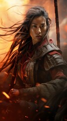 Ancient asian female fighter, holding a long stick, dust on her face, long hair flying in the wind, smoke, fire everywhere, scratches