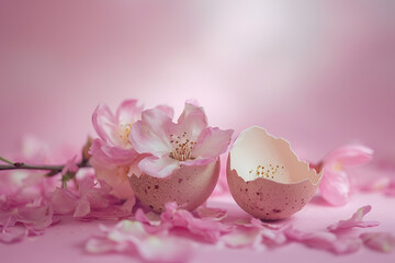Egg shells with a pink flowers for easter on a pink background