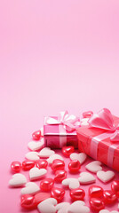 Obraz premium Valentines day background with hearts and gift box on pink background.