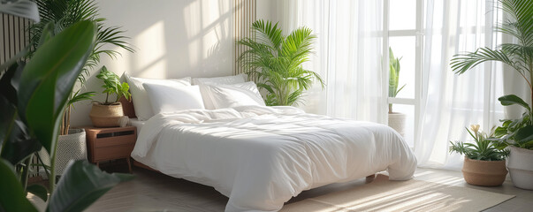 Interior of modern bedroom with comfortable double bed, white pillows and houseplants