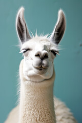 Obraz premium Llama smiling with happy expression and closed eyes on color background