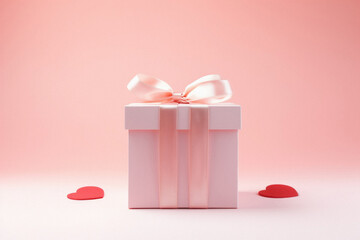 White gift box with red bow on pastel pink background.