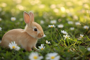 Cute rabbit in the grass with flowers