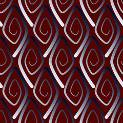 Seamless geometric pattern with repeating rhombuses. Stilized ethnic ornament vector illustration. Gradient black spirals curl on dark red background. For printing various design projects.