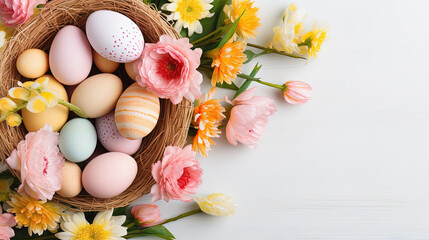 Naklejka na ściany i meble cesta de mimbre conteniendo huevos de pascua de colores rodeada de flores sobre fondo blanco