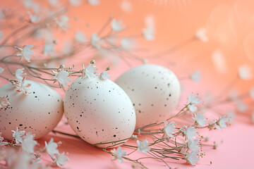 White eggs with white flowers on peachy background