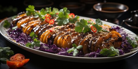 Liang Ban Qie Zi Culinary Artistry, A Visual Symphony of Cold Tossed Eggplants, Embracing Sichuan Spice Elegance.