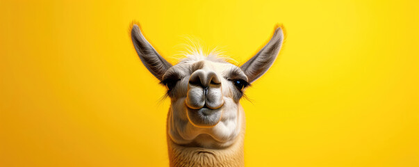 Llama smiling with happy expression and closed eyes on color background