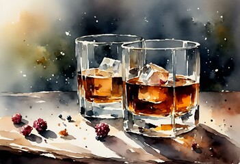 AI generated illustration of two glasses of whiskey, each with a garnish of fruit and ice