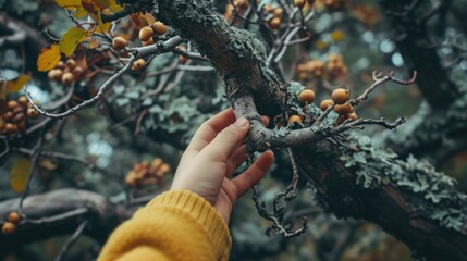 Hands reaching and points to the lichen disease of the olive tree on the branches
