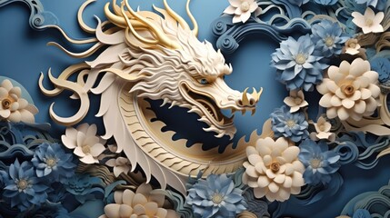 Fototapeta premium 3d paper cut background. Abstract dragon and flowers in Chinese style. Concept for Lunar New Year holiday.