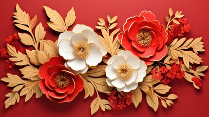 3d paper cut background. Abstract flowers in Chinese style. Concept for Lunar New Year holiday. - obrazy, fototapety, plakaty