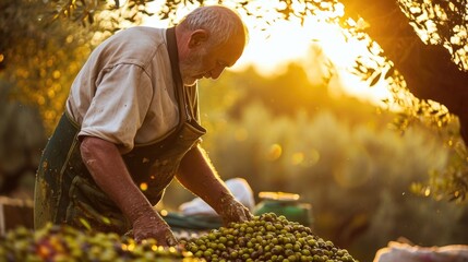 background blur of harvesting and sorting ripe olives under the Mediterranean sun