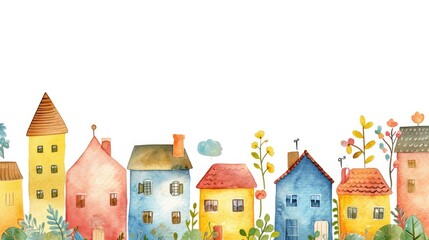 Sales banner with spring colorful houses, watercolor illustration,free copy space