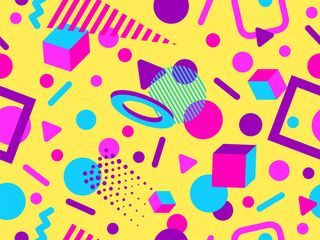 Memphis seamless pattern with 3d geometric shapes in 80s style. Colorful geometric pattern. Design of promotional products, wrapping paper and printing. Vector illustration