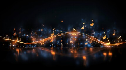 Glowing music sheets notes on beautiful lights bokeh background. - obrazy, fototapety, plakaty