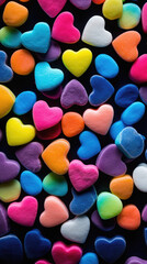Colorful hearts on a black background. Valentine's Day concept.