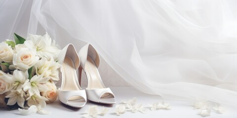 Obraz na płótnie Canvas White wedding shoes and the bride's bouquet with a dedicated space for text