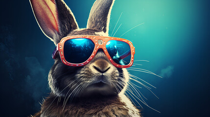 Little baby rabbit with cute fur and sunglasses,Easter bunny in sunglasses,A rabbit wearing sunglasses and rainbow colored background,A rabbit wearing sunglasses and a rainbow background Generative ai