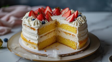 Vanilla sponge cake with cream and strawberries
