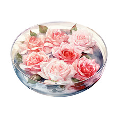 A digital illustration of delicate pink roses floating in a clear water bowl, a serene and artistic depiction.
