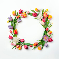 Flower frame with tulips and hyacinths on white background