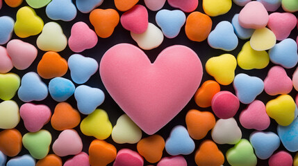 Fototapeta premium Colorful heart shaped candies on dark background. Top view.