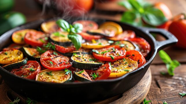 Food photography, ratatouille, colorful vegetable slices, steam captured with volumetric lighting, served in a classic cast iron pan on a rustic wooden table .