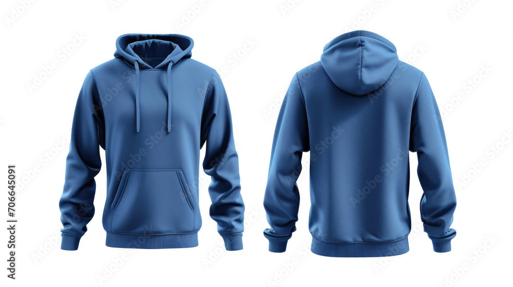 Wall mural Blue hoodie, front and back view on a white background