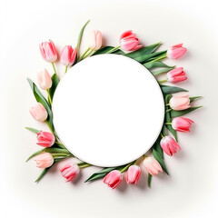 Round frame with pink tulips and green leaves on white background. Flat lay, top view