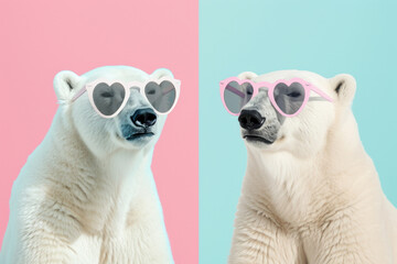 Two serious polar bears in pink and white heart-shaped sunglasses against a split pink and blue background. Valentine's day concept. For banner, poster, card, postcard