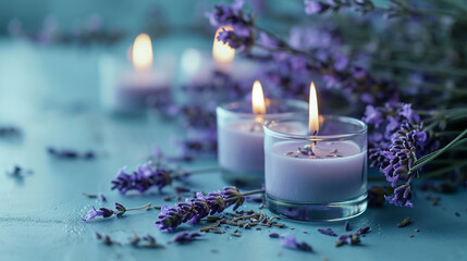Obraz na płótnie Canvas Burning scented candles with a lavender flowers on a purple table. Aromatherapy with lavender candles.