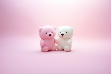 Two teddy bears on pink background with copy space for text. A couple of toy bears sitting together. Concept of love, Valentine's Day, Birthday, wedding. For banner, poster, card, postcard