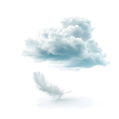 Dreamland: floating clouds and feather isolated on white background, minimalism, png
