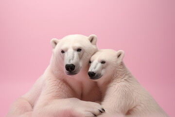 Two cute polar bears hugging each other against a solid pink background with copy space for text. Concept of love, Valentine's Day, Relationship, wedding. For banner, poster, card, postcard