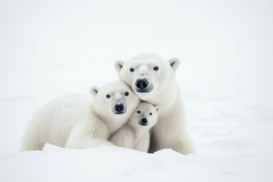 Wildlife photo of polar bear family. Three polar bears in a snow landscape. Concept of love, Valentine's Day, Mother's Day, family, parenting.